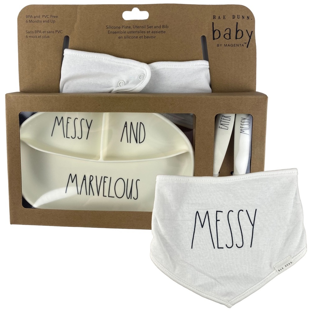 Rae Dunn Baby MESSY AND MARVELOUS 4 Piece Plate, Utensils & Bib Set NEW